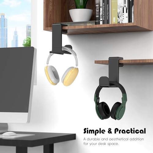 Rotating Headphone Hook - Under Desk Headphone Holder with 360-Degree Adjustable Rotation&Cable Clip Organizer - Black