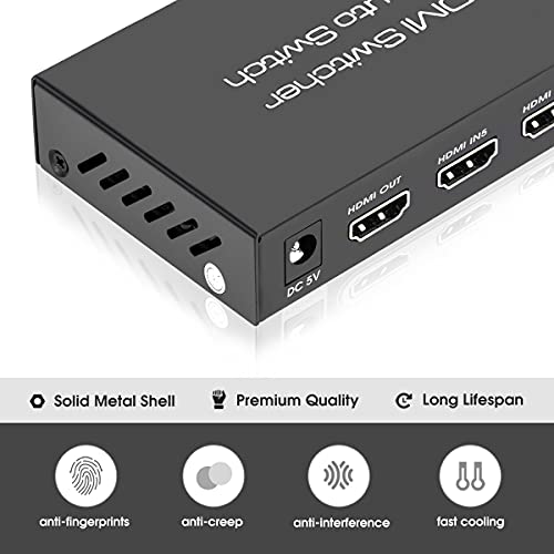 ROOFULL 5 Port 4K HDMI 2.0 Switch with Remote | 5 In 1 Out 4K@60Hz HDMI 2.0 Switcher Selector, Automatic Switching, Dolby Vision/Atmos, HDR 10, HDCP 2.2, 18Gbps - color: Black