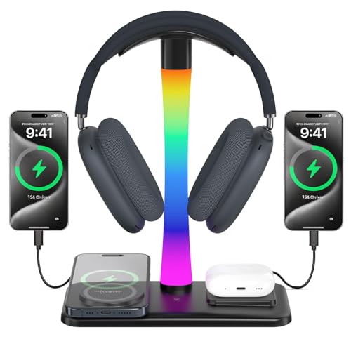 Headphone Stand with Wireless Charger,Gaming Headset stand with RGB Light Mode,For Airpod Max Stand Compatible with Airpod Pro/3/2,For iPhone 17/16/15/14/13/12/11,Gifts for Gamers & Music Lover(Black) - color: Black