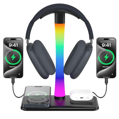 Headphone Stand with Wireless Charger,Gaming Headset stand with RGB Light Mode,For Airpod Max Stand Compatible with Airpod Pro/3/2,For iPhone 17/16/15/14/13/12/11,Gifts for Gamers & Music Lover(Black) - color: Black