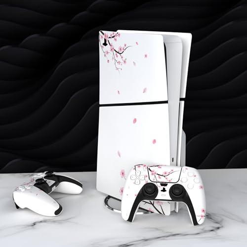 PlayVital Full Set Skin Sticker for ps5 Slim Console Disc Edition (The New Smaller Design), Vinyl Decal Cover for ps5 Controller & Headset & Charging Station & Media Remote - Falling Cherry Blossom - color: Falling Cherry Blossom