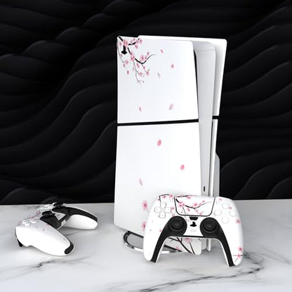 PlayVital Full Set Skin Sticker for ps5 Slim Console Disc Edition (The New Smaller Design), Vinyl Decal Cover for ps5 Controller & Headset & Charging Station & Media Remote - Falling Cherry Blossom - color: Falling Cherry Blossom
