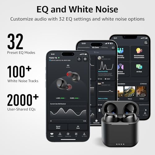 TOZO T6 Wireless Earbuds Bluetooth 5.3 Stereo Sound in Ear Headphones | 50H Long Playtime Ear buds with Charging Case, App Customizable EQs, IPX8 Waterproof Earphones, AI Calls, Deep Bass - color: Dark Black