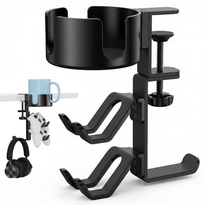 Under Desk Controller Holder Clamp Headphone Cup Organizer | under desk clamp-on controller holder, headphone hanger, desk cup holder, no-drill install, gaming desk organizer