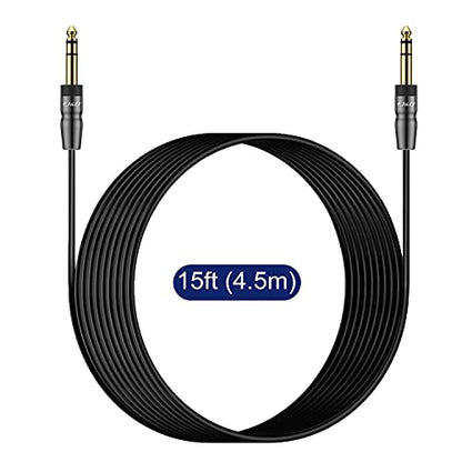 J&D 1/4 inch TRS Instrument Cable, Gold Plated Copper Shell 6.35mm TRS Male to 6.35mm Male Stereo Cable (15 Feet) - size: 15 Feet