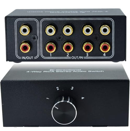 No Noise 4 Way 1 in 4 Out or 4 in 1 Out Audio Sound selector RCA Female Stereo 4 Channel Splitter switcher Box Switching No External Power - size: 4way-rca
