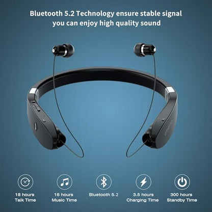 AMORNO Foldable Bluetooth Headphones Wireless Neckband Headset with Retractable Earbuds, Sports Sweatproof Noise Cancelling Stereo Earphones with Mic - color: Black