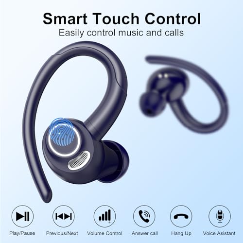 Wireless Earbuds with Earhook, 48Hrs Deep Bass/ENC Mic Ear Buds Deep Blue | Wireless Earphone with LED Display, Bluetooth 5.3 Headphones In Ear, IPX7 Waterproof Over Ear Buds for Running/Workout - color: Deep Blue