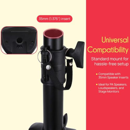 Pyle Universal Speaker Stand Mount Holder Heavy Duty Tripod w/ Adjustable Height from 40” to 71” and 35mm Compatible Insert Easy Mobility Safety Pin and Knob Tension Locking for Stability, Black - size: 1-Pack