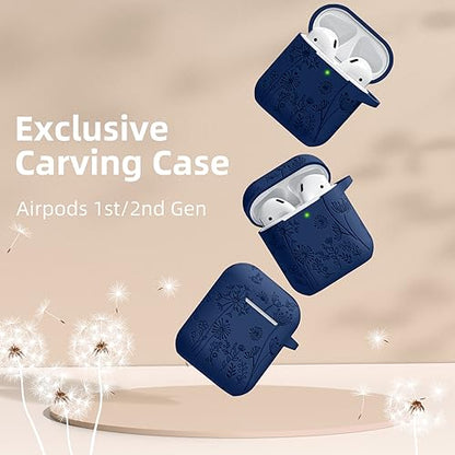 Lerobo for AirPod Case 2nd/1st Generation with Keychain | Flower Engraved Silicone Protective Cover for AirPods 2 Case, Wireless Charging, Led Visible, One-piece Design, Midnight Blue - color: Midnight Blue