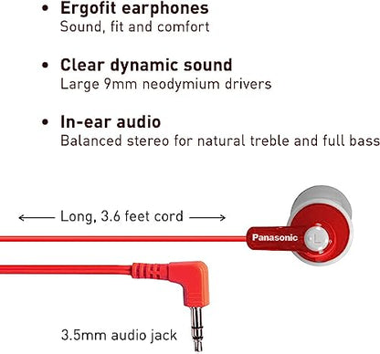Panasonic ErgoFit In-Ear Earbud Headphones RP-HJE120-R (Red) Dynamic Crystal Clear Sound, Ergonomic Comfort-Fit - color: Red, style: No Mic