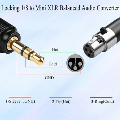 QIANRENON 3.5mm to Mini XLR Headset Adapter Lockable TRS 3.5mm Male to 3Pin Mini XLR Female Microphone Beltpack Connector Locking 1/8 to Mini XLR Balanced Audio Converter, for Wireless Mic Camcorder - style: F-M