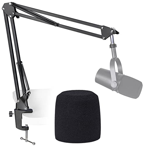 SUNMON MV7 Boom Arm Mic Stand with Pop Filter, Adjustable Suspension Boom Scissor Arm Stand with Pop Filter Compatible with MV7, MV7X adn SM7B Microphone by SUNMON | Adjustable Metal Suspension Stand with 3/8" to 5/8" Adapter, Desk Clamp, for Studio & Gam