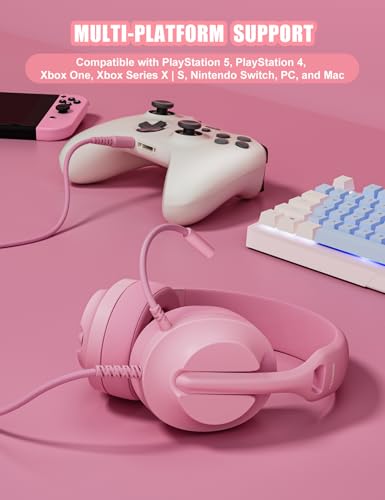 WIRWTRU Wired Pink Gaming Headset for PS5, Xbox, Xbox Series X|S, PC, PS4 | 198g Lightweight Design, Noise Cancelling Microphone, Soft Earmuffs, 3.5mm Jack for Gaming & Work - color: Pink