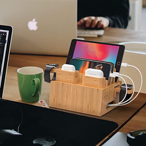 Pezin & Hulin Multiple USB Charging Station Including Charger HUB, 5 Cables | Wooden Bamboo Dock Station for Cell Phones, Tablets, Earpods and Smart Watch -Natural Bamboo