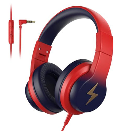Candy Bila Wired Kids Headphones for School, Over-Ear for Boys Girls | Volume Limiter 85/94dB, HD Stereo Sound, Microphone and Wired Control,Foldable Design, Gradient red to dark blue - color: Gradient Red to Dark Blue