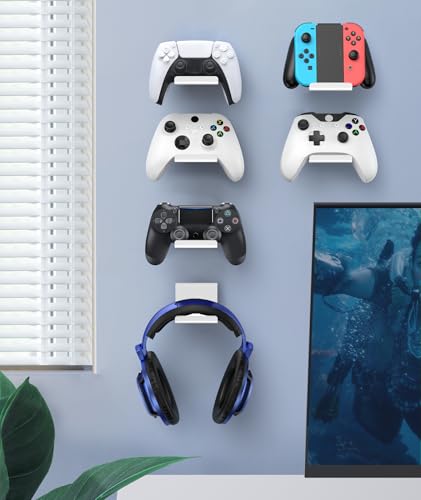 4 Pack Foldable Controller Wall Mount Holder for Xbox PS5 PS4 PS3 Switch Pro Strong Adhesive/Screw Upgraded Controller Stand Hanger with Anti-slip Pad Universal Gaming Remote, Headphone Accessories - color: White