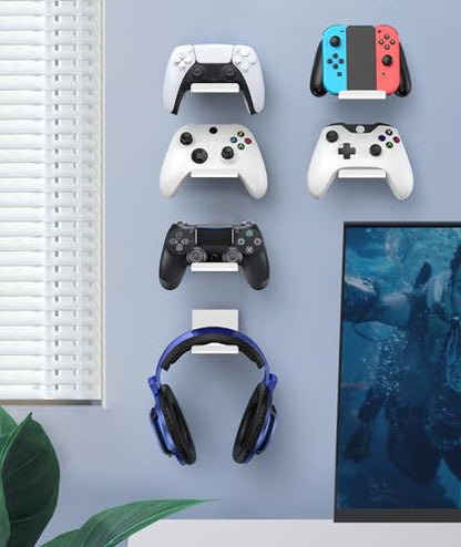 4 Pack Foldable Controller Wall Mount Holder for Xbox PS5 PS4 PS3 Switch Pro Strong Adhesive/Screw Upgraded Controller Stand Hanger with Anti-slip Pad Universal Gaming Remote, Headphone Accessories - color: White