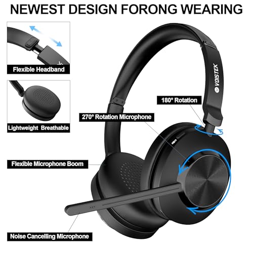 Voistek Wireless Headset with Mic for Work,Bluetooth Headphones for PC | Noise Cancelling Mic,USB Dongle & Mute Button,50H Battery Compatible with Laptop,Teams Zoom,Call Centre,Home Office