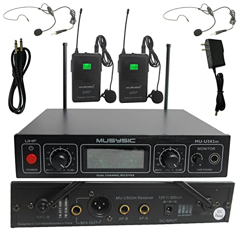 MUSYSIC Professional Dual Channel UHF Microphone System with Monitor Output | FCC Compliance Wireless Lapel Lavalier Headsets for Karaoke System Church Speaking Conference Wedding Party - size: Included 2 Bodypacks