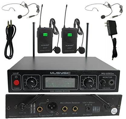 MUSYSIC Professional Dual Channel UHF Microphone System with Monitor Output | FCC Compliance Wireless Lapel Lavalier Headsets for Karaoke System Church Speaking Conference Wedding Party - size: Included 2 Bodypacks
