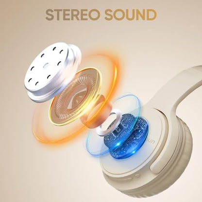 Wireless Headphones, Bluetooth Over Ear Headsets with Microphone, Hi-Fi Audio, 60H Playtime, Touch Control, Foldable Lightweight, On-Ear Headphones for Girls Women, Travel, Work, - color: Light Beige