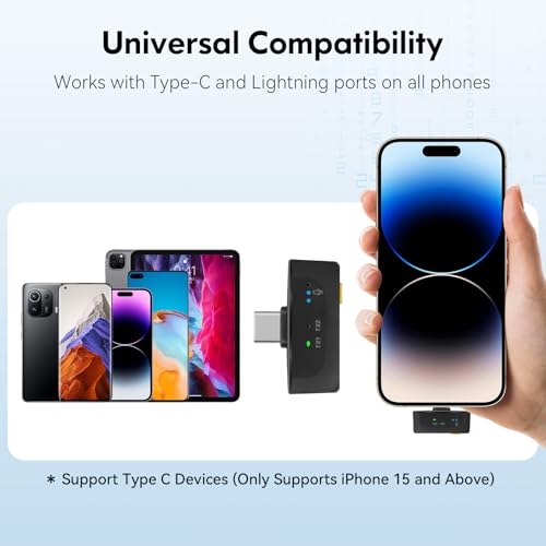 Wireless Lavalier Microphone for iPhone/Android, Lapel Mics with Lightning/USB-C Plug-Play, 100FT Range, Omnidirectional Condenser Mic for Video Recording, Interview, Podcast, Vlog, YouTube