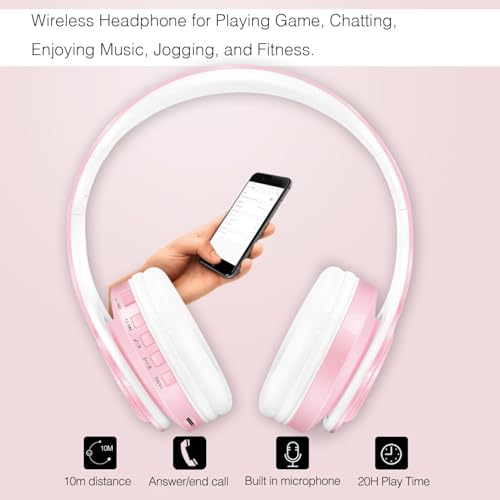 RAT TAIL V5.3 Bluetooth Headphones Over-Ear, Foldable Wireless and Wired Stereo Headset Micro SD/TF, FM for Cell Phone,PC,Soft Earmuffs &Light Weight for Prolonged Wearing (Pink) - color: Pink