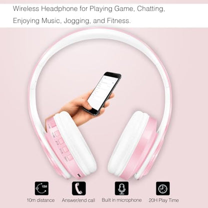 RAT TAIL V5.3 Bluetooth Headphones Over-Ear, Foldable Wireless and Wired Stereo Headset Micro SD/TF, FM for Cell Phone,PC,Soft Earmuffs &Light Weight for Prolonged Wearing (Pink) - color: Pink