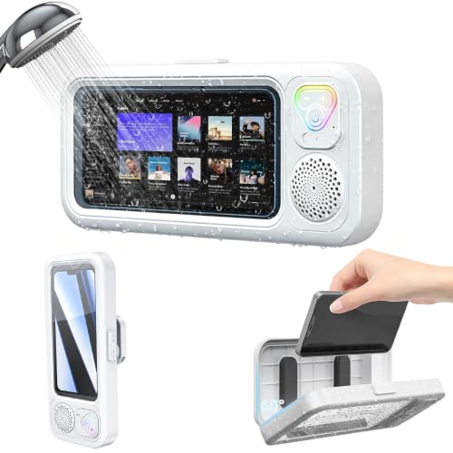 Shower Phone Holder with Wireless Bluetooth Speaker, Waterproof Shower Phone Mount, 360° Rotation, Waterproof Case for Bathroom, Sensitive Touchscreen Case Stand