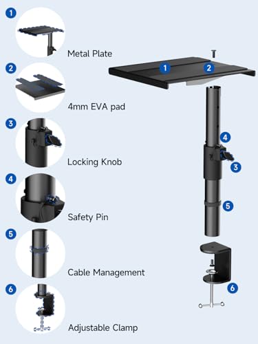 suptek Clamp-on Speaker Stand Desk Mount Set, Height Adjustment, Swivel, 9.6 x 8.8 inch Trays, Universal Audio Holders for Bookshelf Speakers, Elevated Sound, Against the Wall, 2 Pack, Black, SDM001K - color: Black, size: Speaker Stands Against the Wall