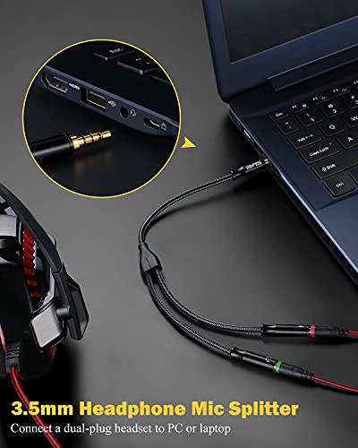 Headphone Mic Splitter, 3.3FT TRRS Headset Splitter with Separate Headphone and Mic Jack, 3.5mm Combo Audio Adapter for Dual-Plug Headset Compatible to Xbox One, Smartphone, Pc, PS4 | Nylon Braided Cord, Gold Plated, Separate Audio and Mic, For 3.5mm PC L