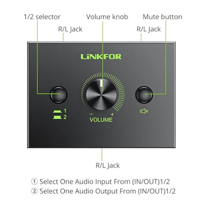 LiNKFOR 2 Port 3.5mm Stereo Audio Switch, 2 in 1 Out & 1 in 2 Out | Equipped with 3.5mm cable, built-in mute button, plug and play, works with laptop, PC, headphone and CD player - size: 2 Ports 3.5mm