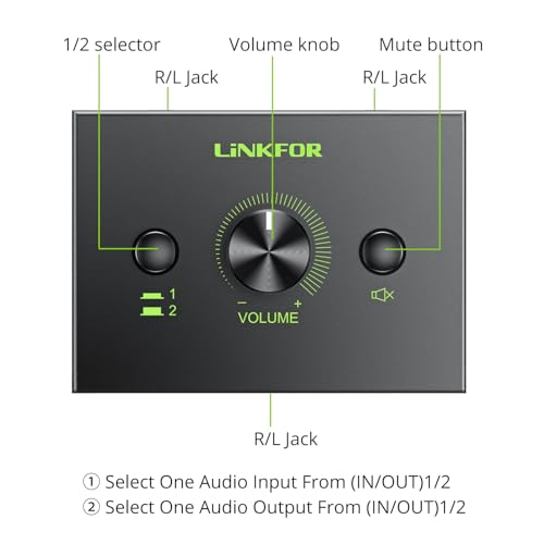LiNKFOR 2 Port 3.5mm Stereo Audio Switch, 2 in 1 Out & 1 in 2 Out | Equipped with 3.5mm cable, built-in mute button, plug and play, works with laptop, PC, headphone and CD player - size: 2 Ports 3.5mm