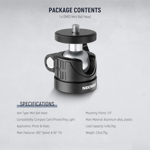 NEEWER Basics Mini Ball Head, Portable Tripod Head Camera Mount Adapter | 1/4" Screw, for Compact DSLR, Action Cam, Phone, LED Ring Light Monopod, Slider, 4.4lb Max Load, 360° Swivel, 90° Tilt, GM01 - style: GM01