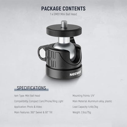 NEEWER Basics Mini Ball Head, Portable Tripod Head Camera Mount Adapter | 1/4" Screw, for Compact DSLR, Action Cam, Phone, LED Ring Light Monopod, Slider, 4.4lb Max Load, 360° Swivel, 90° Tilt, GM01 - style: GM01