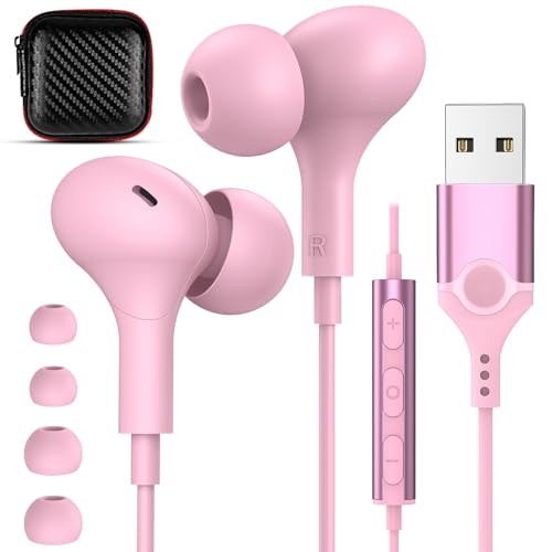 USB Headphones with Mic for Laptop PC, 7.5ft Magnetic Wired Earbuds Pink | Noise Isolation in-Ear Earphones with Mute Volume Control Stereo Bass for Dell/HP/Acer/Chromebook/Desktop/Zoom Meeting/School - color: Rose-Pink