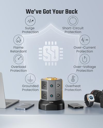 SUPERDANNY Power Strip Tower with 15W Wireless Charger, 6.5Ft Retractable Extension Cord, 1050J Surge Protector, Desktop Charging Station with 8 Outlets 4 USB Ports(2 USB C) for Home, Office, Garage | 8-Outlet Surge Protector Tower, Desk Charging Station
