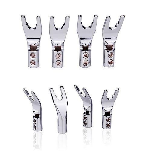 HiFi 4pc Rhodium Plated Pure Copper Speaker Spade Connectors, Dual Screw Locking Y/U Plugs - style: Spade Style-Rhodium