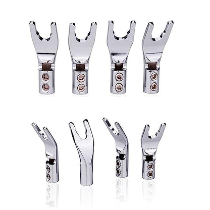 HiFi 4pc Rhodium Plated Pure Copper Speaker Spade Connectors, Dual Screw Locking Y/U Plugs - style: Spade Style-Rhodium