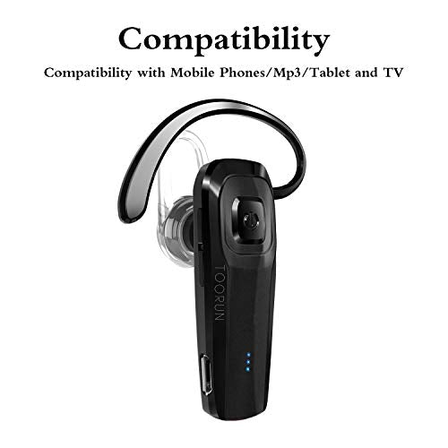 TOORUN Bluetooth Headset, M26 Bluetooth Earpiece Handsfree V5.0 Wireless Headphone with Noise Cancelling and Microphone Compatible for Android iPhone Cell Phone Laptop - Black