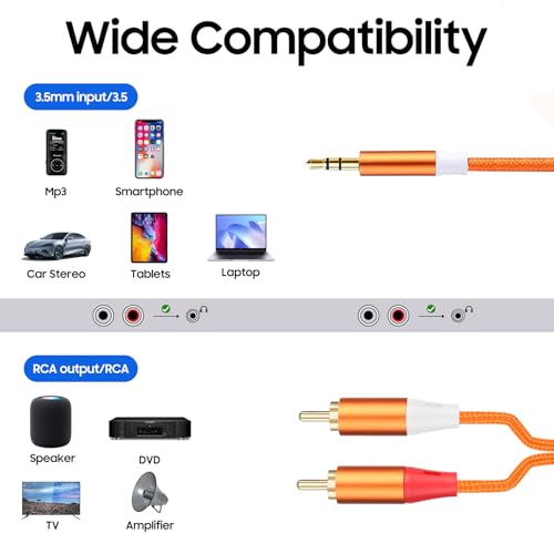 3.5mm to RCA Cable,2 RCA to 3.5mm AUX Cable for HiFi Systems, Speakers, MP3 Players, TVs, Computers, Smartphone, Home Theaters, Tablets, Amplifiers, Sound Bars, etc. （6.6ft/2 Pack） - size: 6.6ft/2 cable