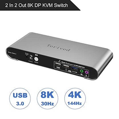 2 Port DP USB 3.0 Automatic KVM Switch Dual Monitor 4K@144Hz Two Computers Two DisplayPort Monitors switcher, 8K@30Hz, Aluminum hotkey Audio mic, Digital Display, HDR10 with Cables - style: 2 Computers 2 DP Monitors USB 3.0