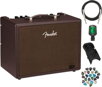 Fender Acoustic Junior 100W Combo Acoustic Guitar Amplifier Bundle with Instrument Cable, Amperstand Guitar Cradle, Tuner, and 24-Pack Picks - size: Acoustic Jr 100