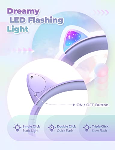 iClever HS20 Kids Headphones for Toddler Girls, Cat Ear LED Light Up School | SafeSound Tech, 3.5mm Wired Foldable FunShare, Stereo Sound, Over-Ear Headphones for Kids for iPad/Tablet/Travel/Gift, Purple - color: Purple