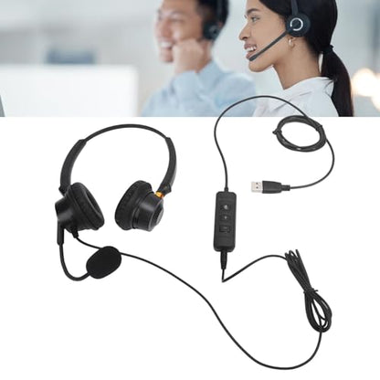 Headset with Noise Canceling Microphone, USB Dual Ear Volume Adjustable Office Telephone Headset with Long Cable, for Call Center, Customer Service