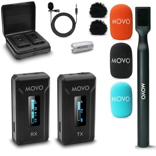 Movo WMX-2 Wireless Lavalier Microphone Lapel Mic with Charging Case and WMX-HM Handheld Adapter - Lav Mic, Lapel Microphone 2.4GHz for Camera, Vlogging, DSLR, and Content Creators - style: Camera Single
