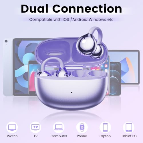 Open Ear Clip Headphones, Wireless Earbuds Bluetooth 5.4 The Over Ear Buds Earphones Built-in Mic with Ear Hooks, 36H Playtime,for iOS and Android (Purple) - color: Purple