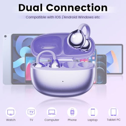 Open Ear Clip Headphones, Wireless Earbuds Bluetooth 5.4 The Over Ear Buds Earphones Built-in Mic with Ear Hooks, 36H Playtime,for iOS and Android (Purple) - color: Purple