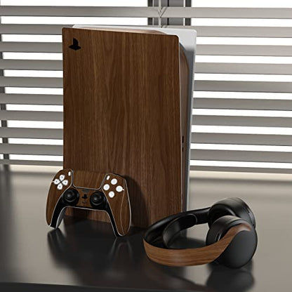 PlayVital for ps5 Skin - Disc Edition Full Set Console Controller Skin, Vinyl Decal Wrap Sticker Cover for ps5 Controller & Charging Station & Headset & Media Remote - Wood Grain - color: Wood Grain